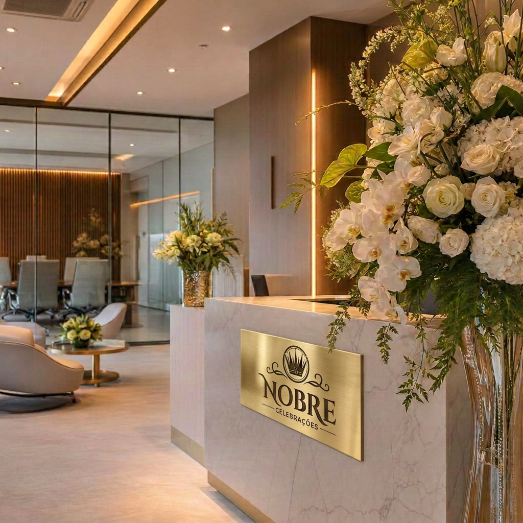 Recepção corporativa sofisticada decorada pela Nobre Celebrações com elegante arranjo floral de orquídeas brancas, rosas e hortênsias em vaso de cristal, balcão em mármore e placa dourada metálica com o logotipo da marca