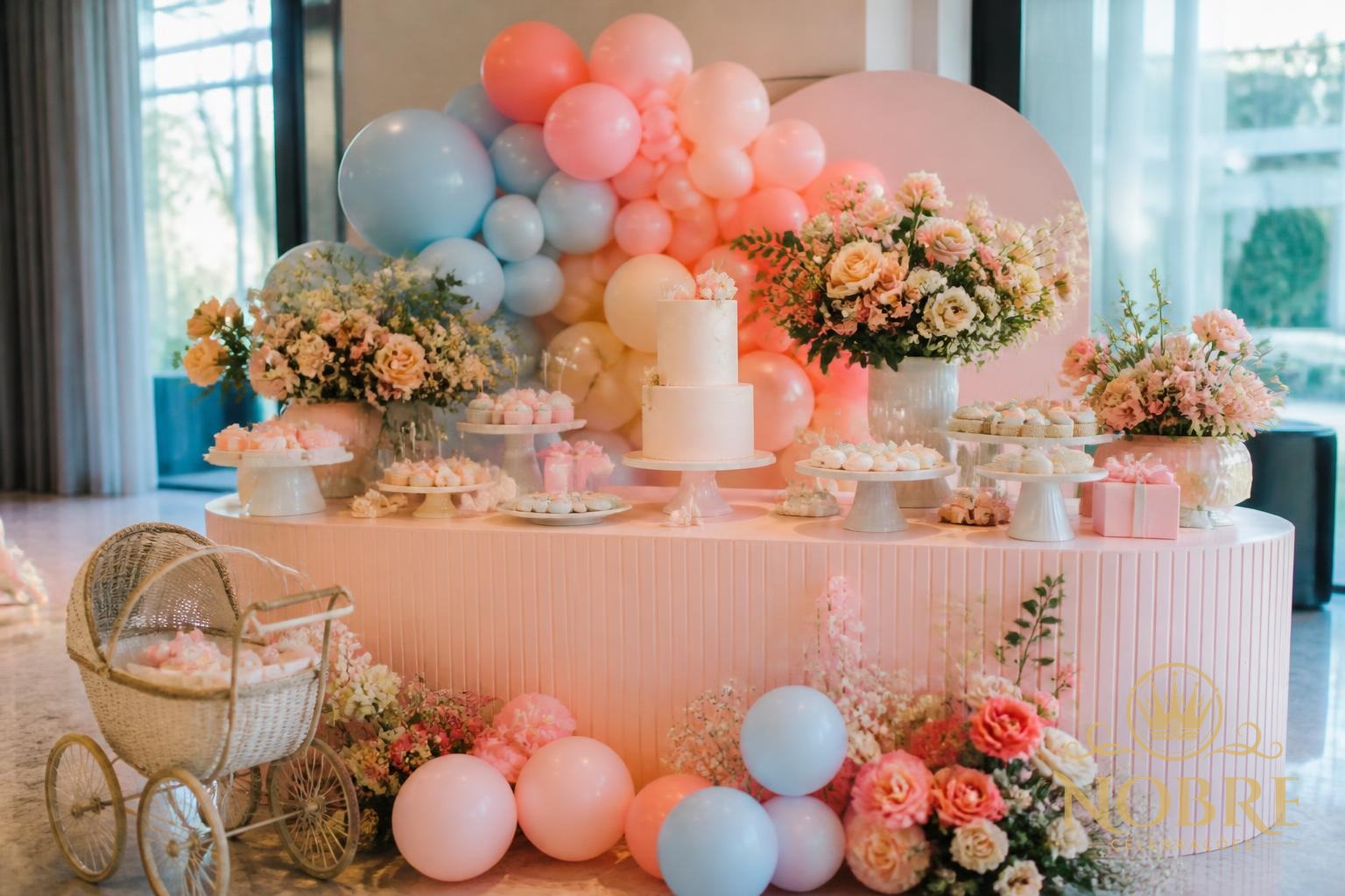 Festa de aniversário infantil sofisticada com mesa principal, bolo personalizado, doces, balões e flores em tons pastel