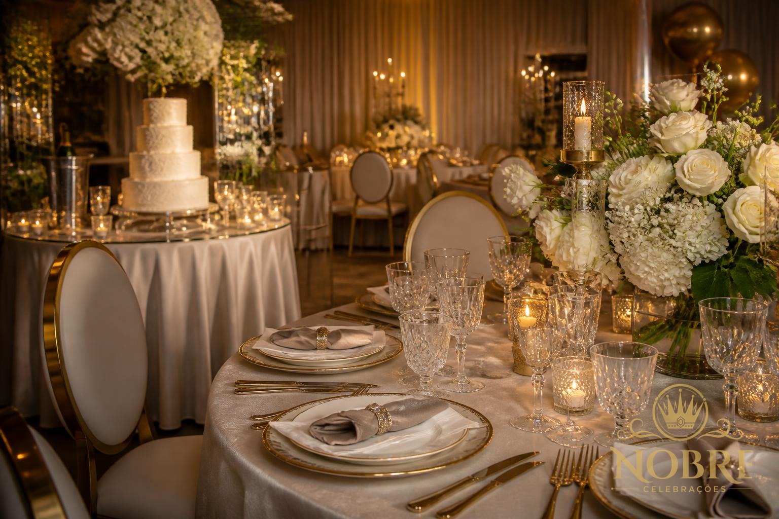 Aniversário adulto elegante com mesas montadas, flores naturais, velas, taças de cristal e bolo sofisticado