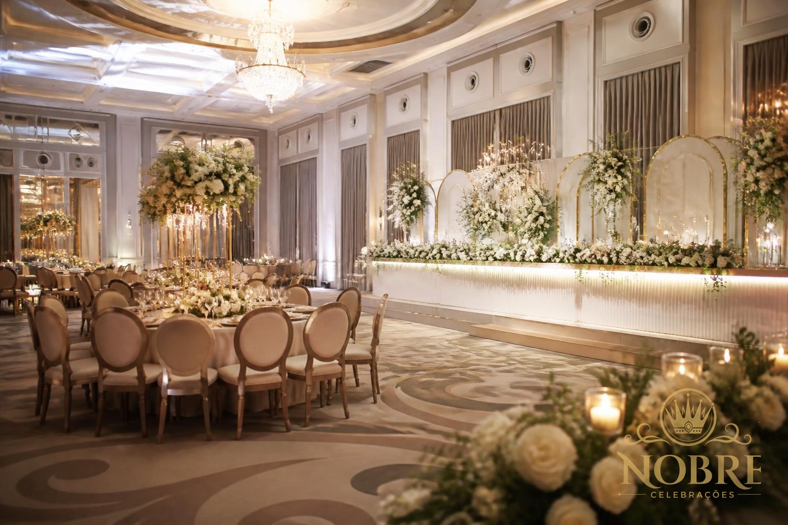 Aniversário de alto padrão em salão amplo com lustres, mesas dos convidados e decoração floral em branco e champagne