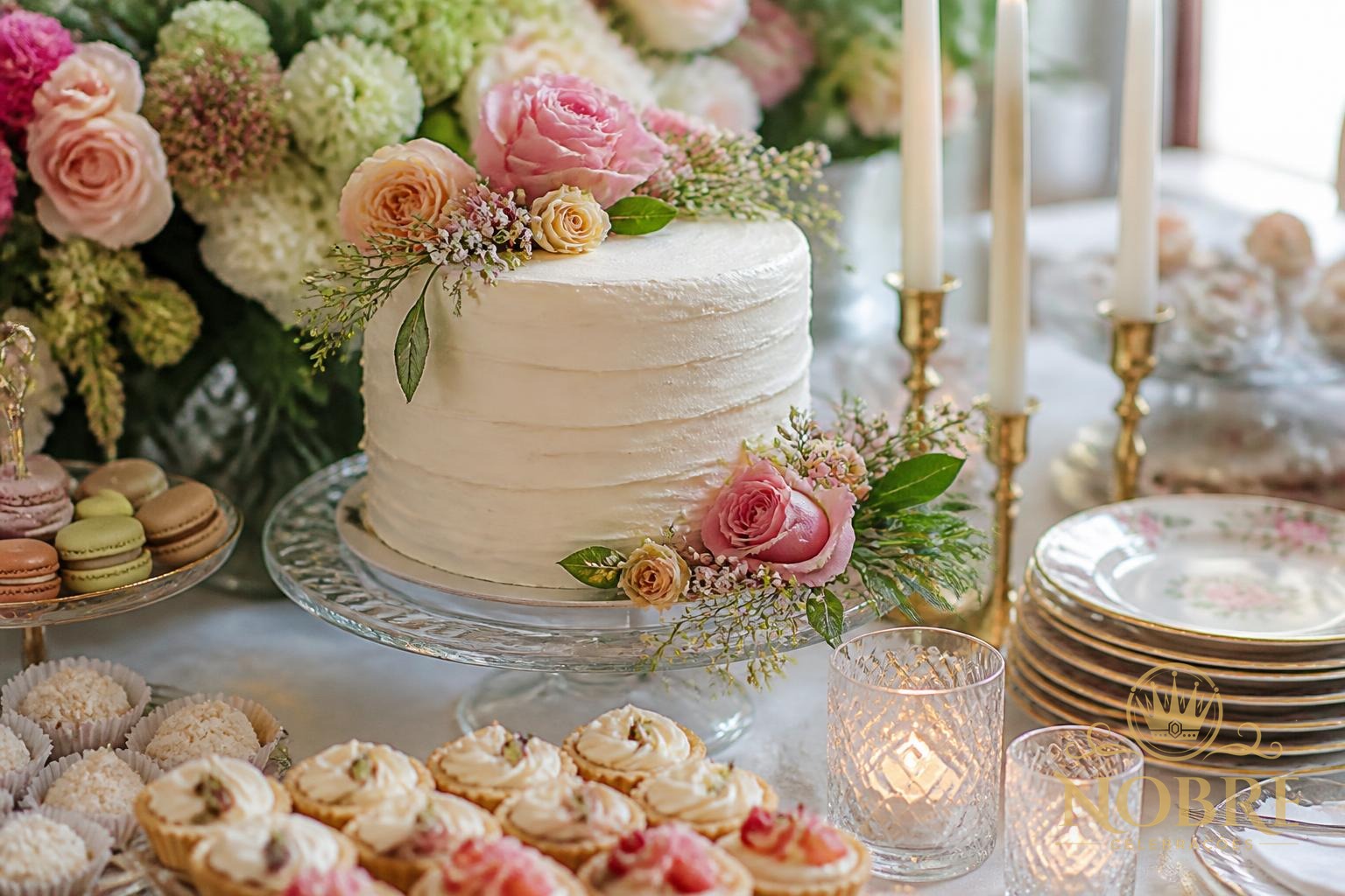 Mesa do bolo e doces finos de aniversário com flores naturais, velas e louças em detalhe aproximado