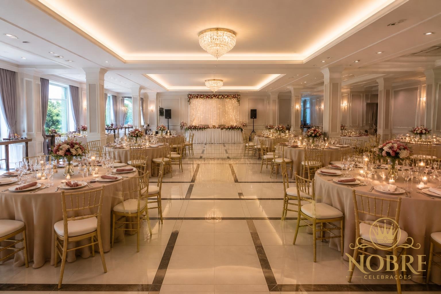 Recepção de aniversário completamente montada com mesas, cadeiras, decoração floral e iluminação do salão