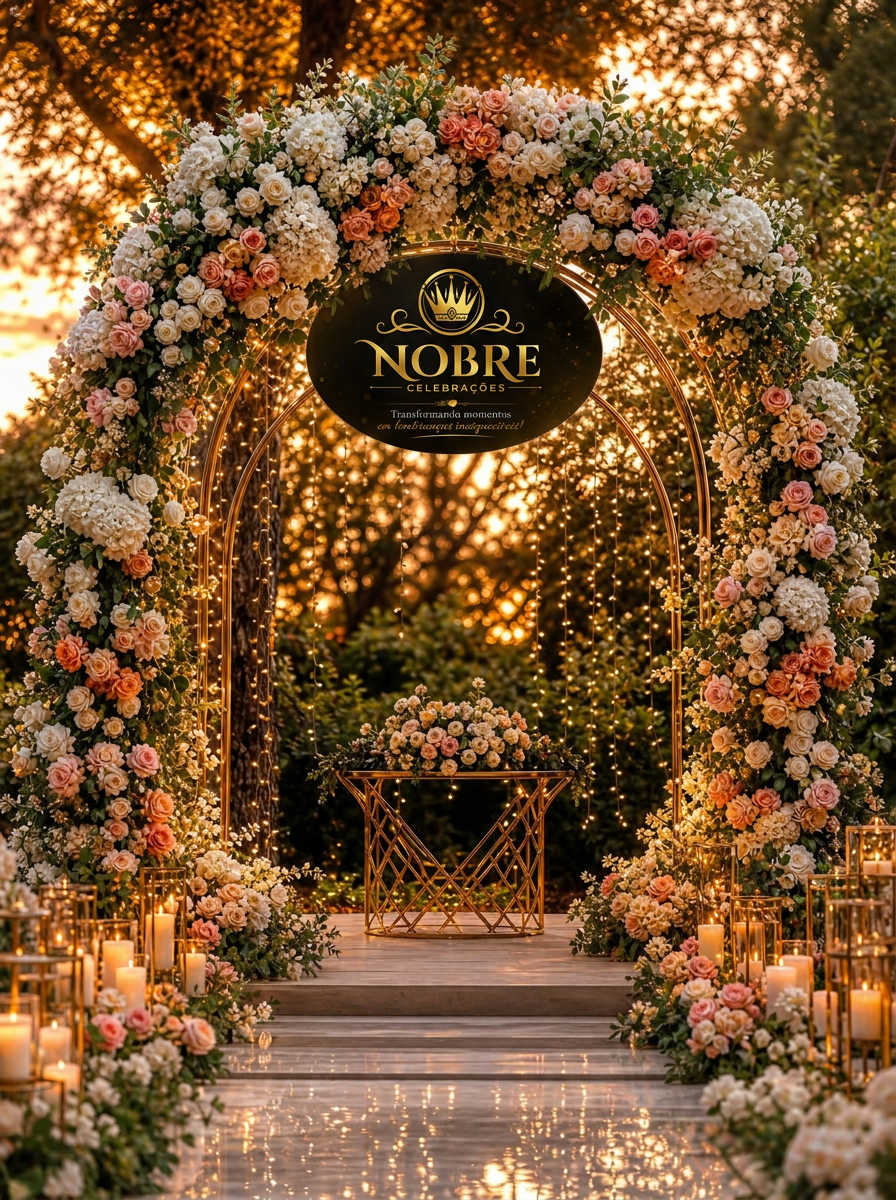 Arco floral majestoso para cerimônia ao ar livre com rosas, peônias, hortênsias e iluminação dourada