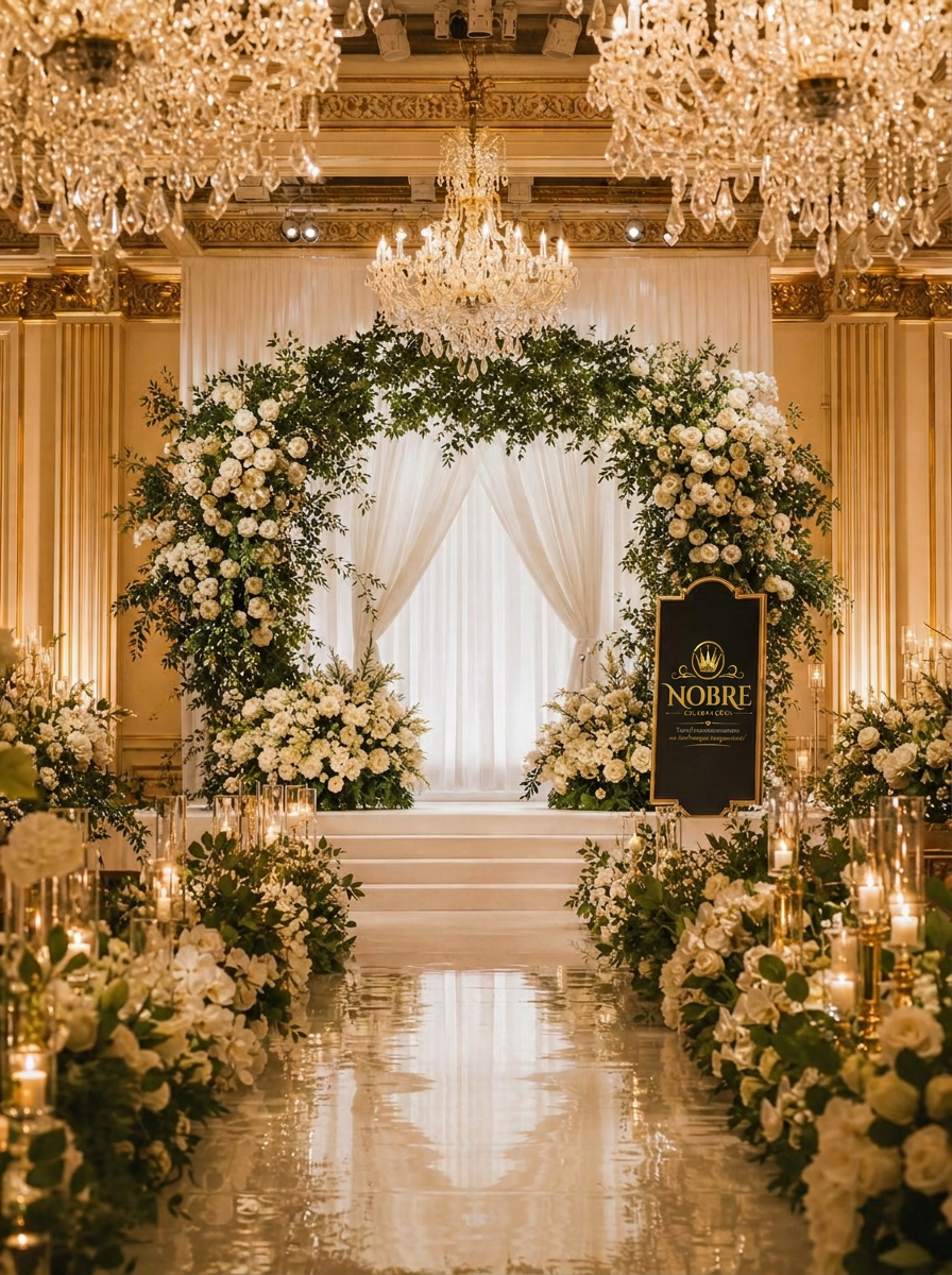 Altar de casamento luxuoso decorado com grandes arranjos de rosas brancas, peônias, hortênsias, orquídeas, lírios, velas douradas e lustres de cristal, com logotipo da Nobre Celebrações em placa discreta ao lado
