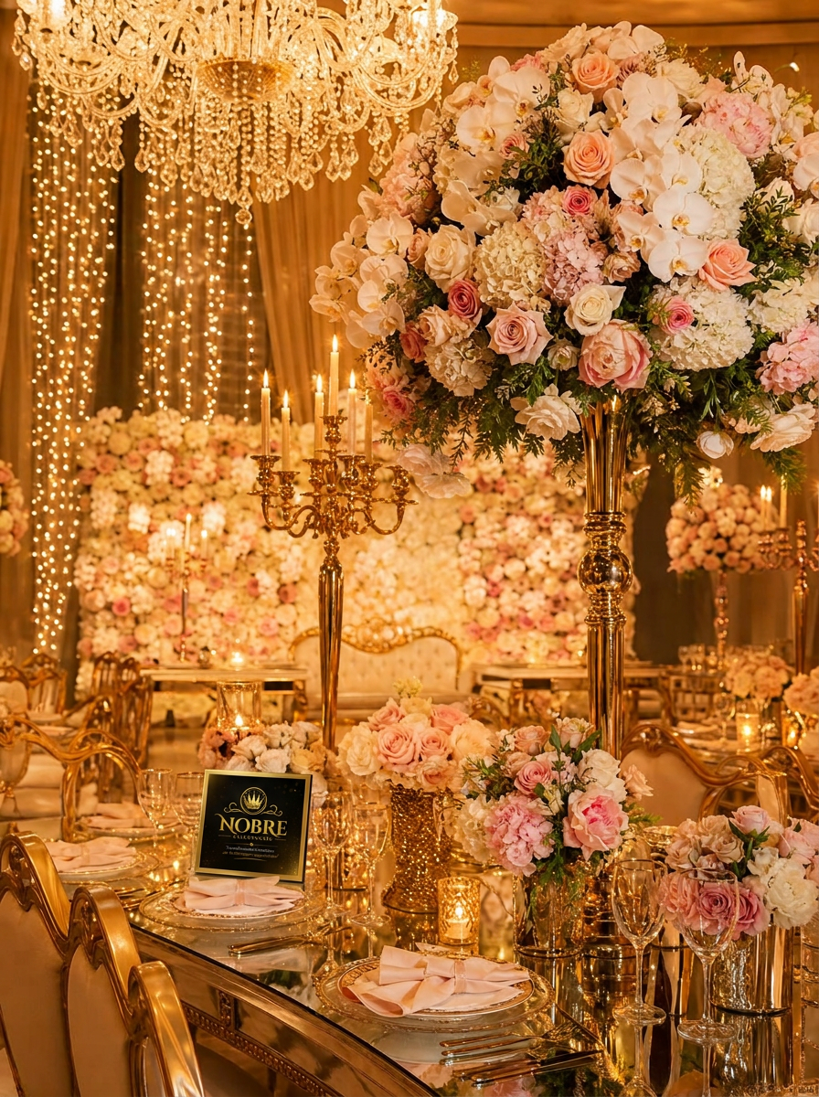 Festa de debutante luxuosa decorada pela Nobre Celebrações com arranjos florais altos em tons blush e branco, painel floral, lustres de cristal, castiçais dourados, velas e fairy lights