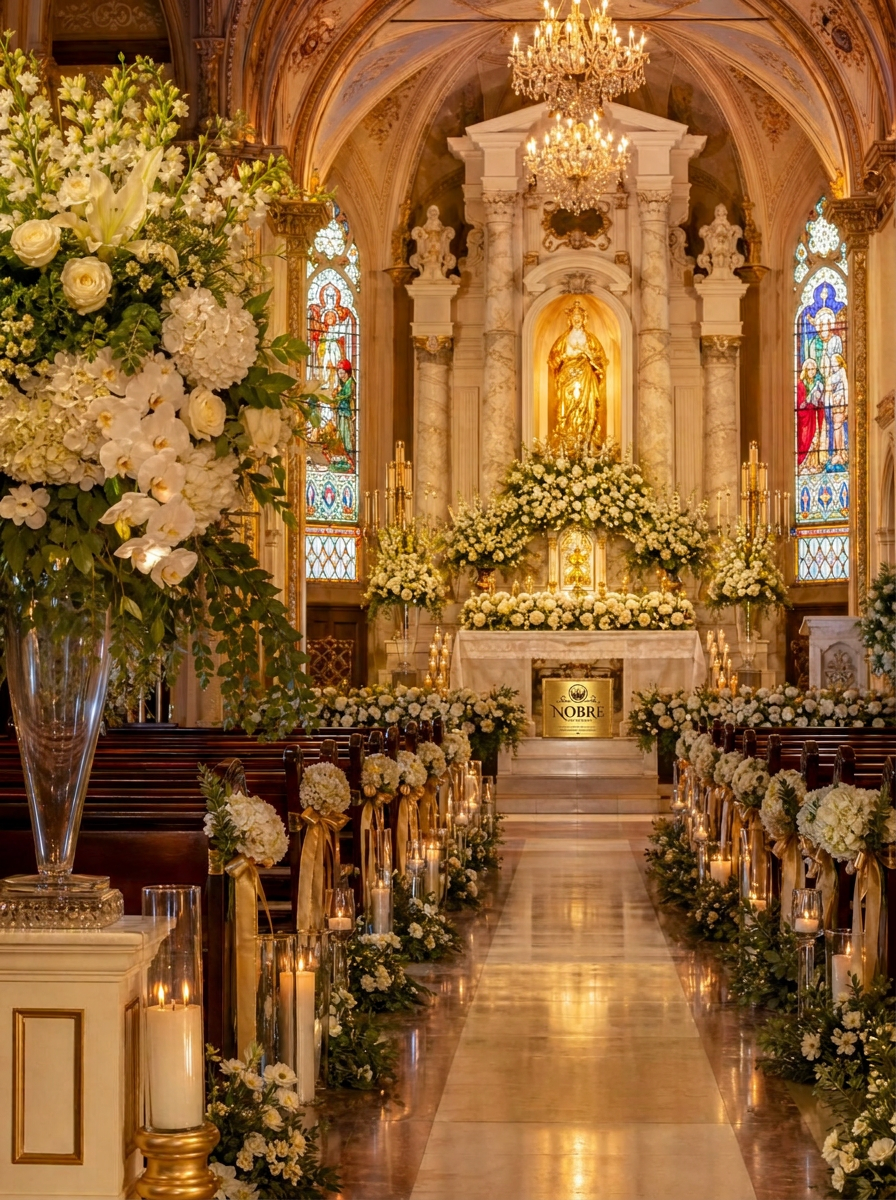Interior de igreja elegante decorada pela Nobre Celebrações para cerimônia religiosa, com grandes arranjos florais de rosas brancas, lírios, orquídeas, peônias e hortênsias no altar e corredor, velas em castiçais dourados, vitrais coloridos e iluminação quente, com logotipo da Nobre Celebrações em placa dourada no altar