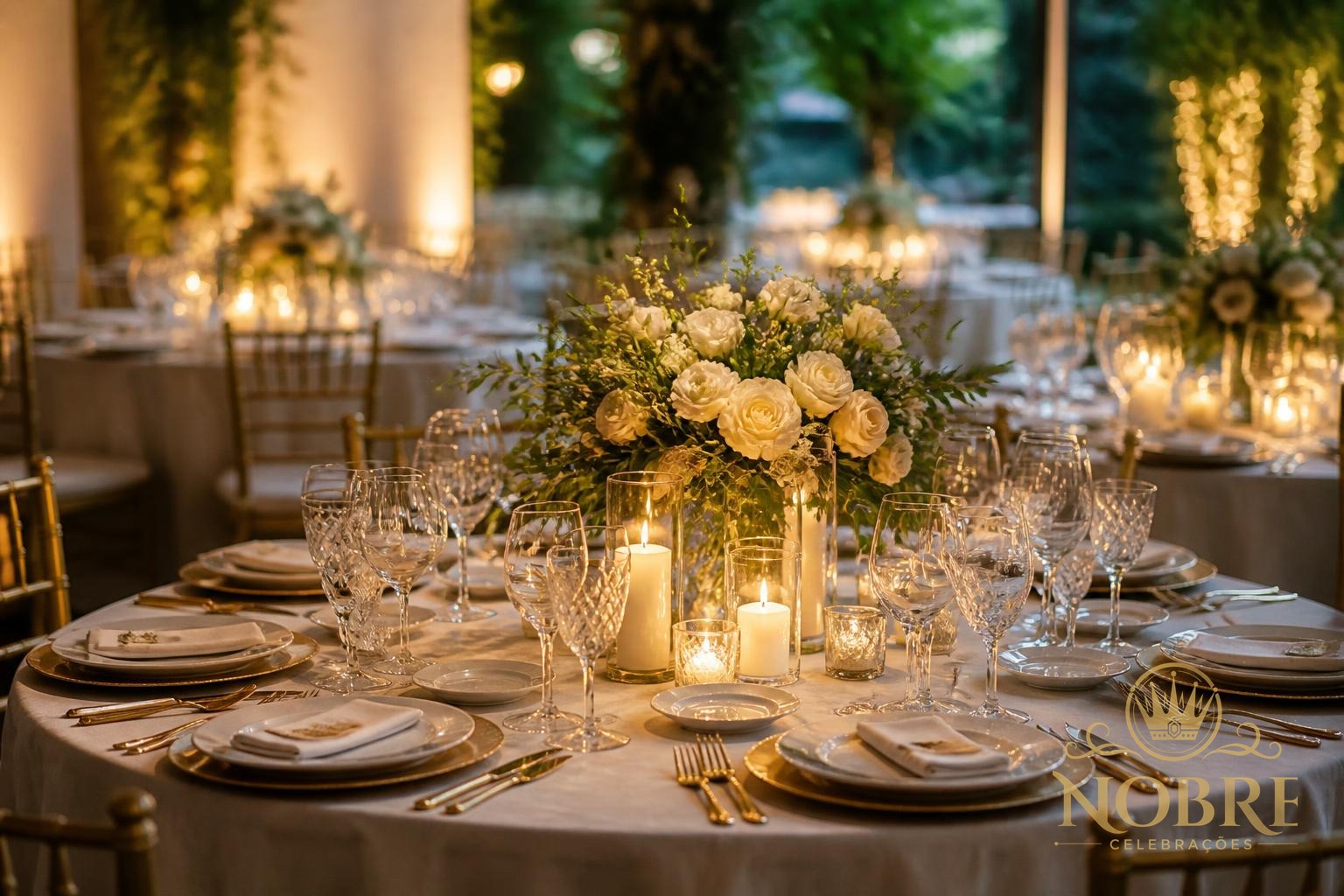 Recepção de bodas em salão sofisticado com mesas montadas, flores naturais, velas e iluminação aconchegante