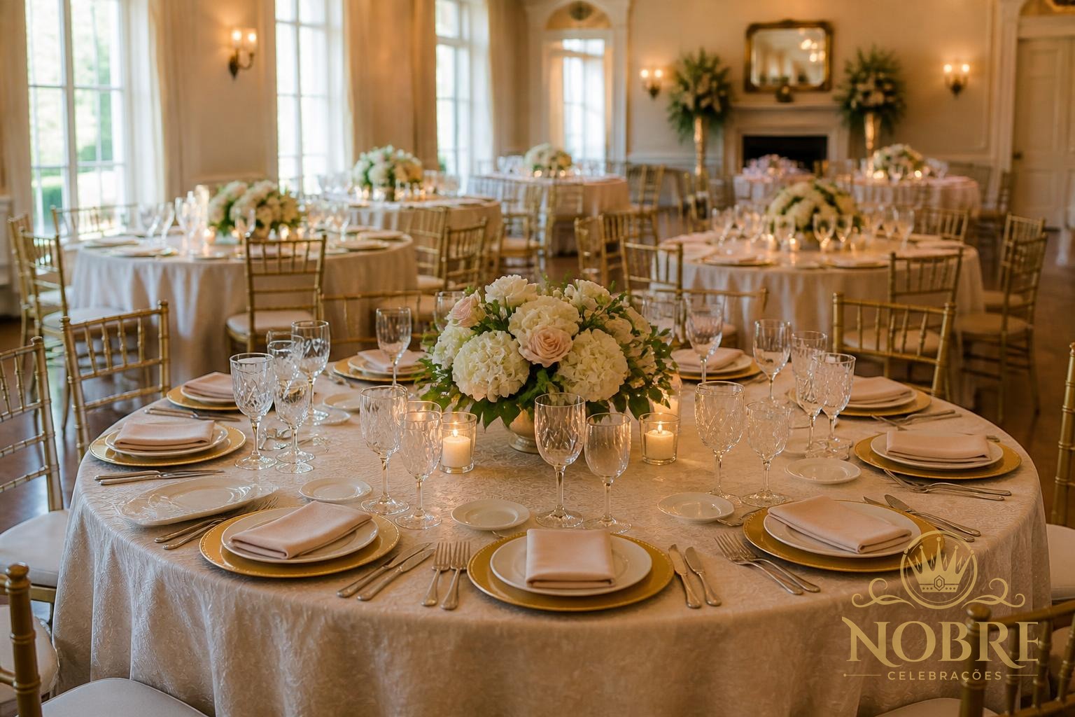 Mesas dos convidados de bodas com louças sofisticadas, taças, sousplats, guardanapos e arranjos florais naturais