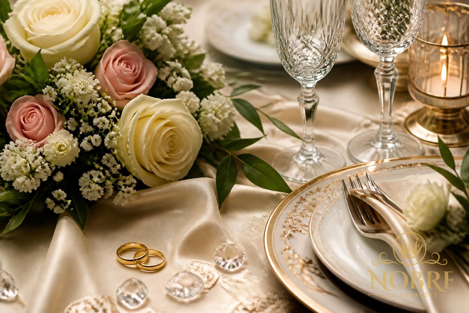 Detalhes românticos da decoração de bodas com flores naturais, alianças, taças, velas e tecidos elegantes