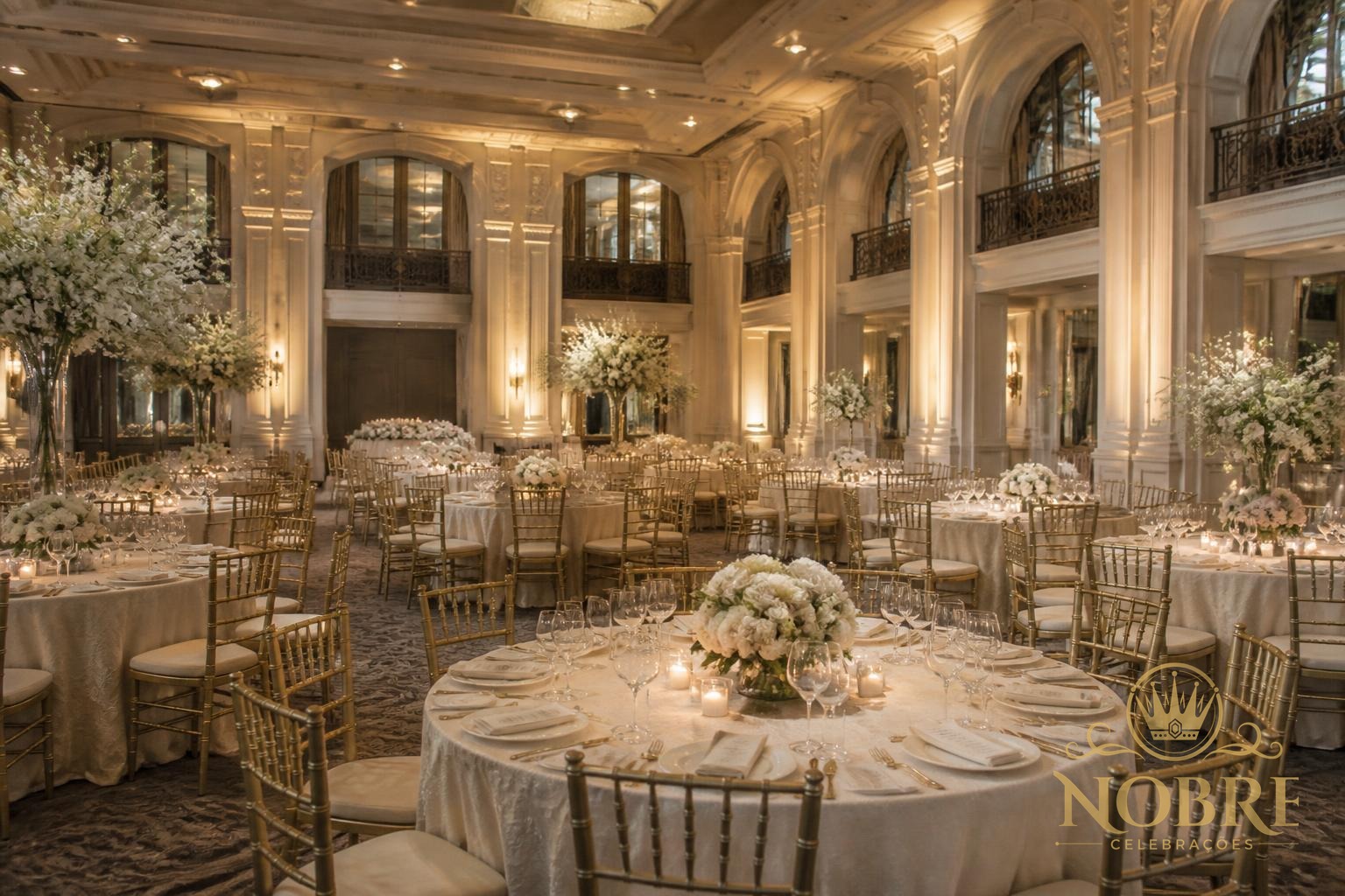 Vista completa de celebração de bodas com salão, mesas, decoração floral e mesa principal