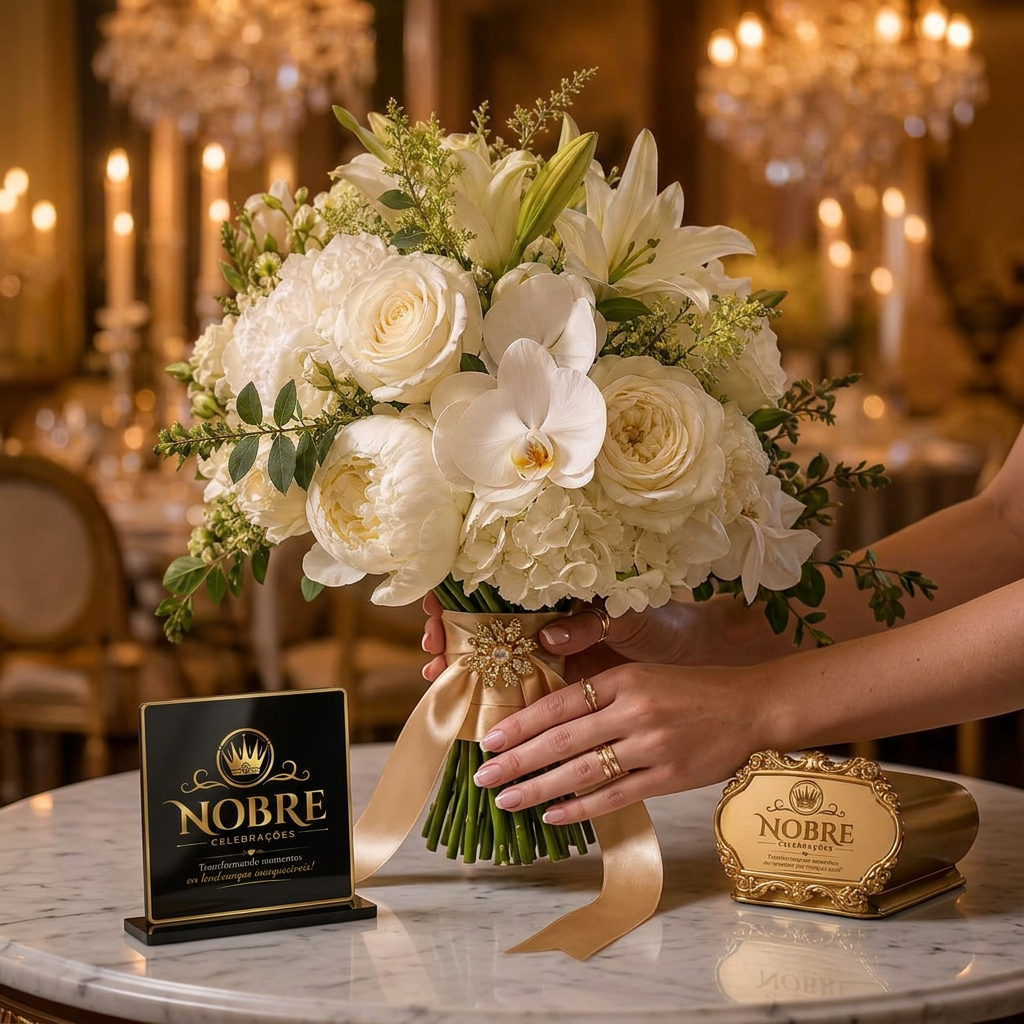 Buquê de noiva luxuoso com rosas brancas, peônias, hortênsias, orquídeas, lírios e iluminação dourada, apresentado por uma florista com as duas mãos