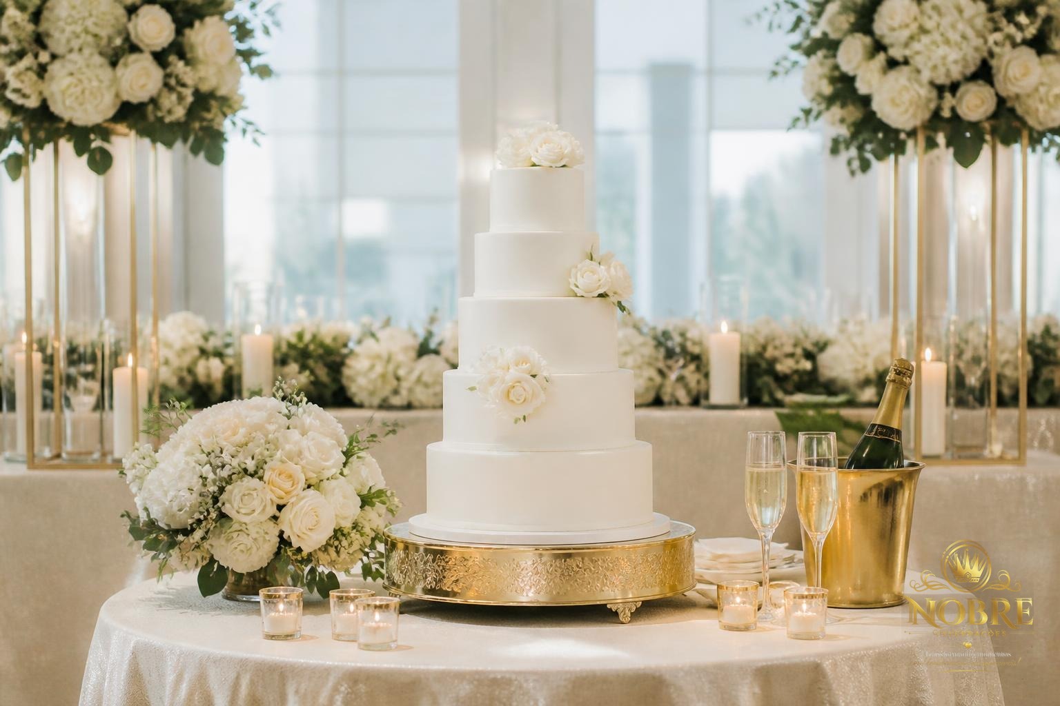 Mesa do bolo de casamento com bolo branco, flores naturais e detalhes dourados