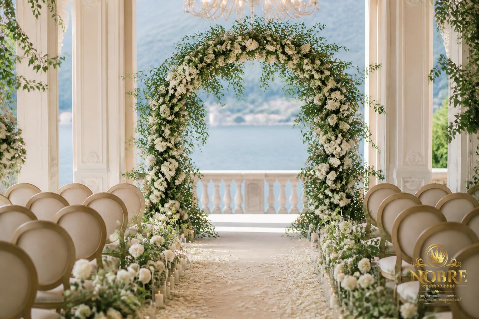 Cerimônia de casamento com altar de flores brancas e folhagens e corredor central decorado