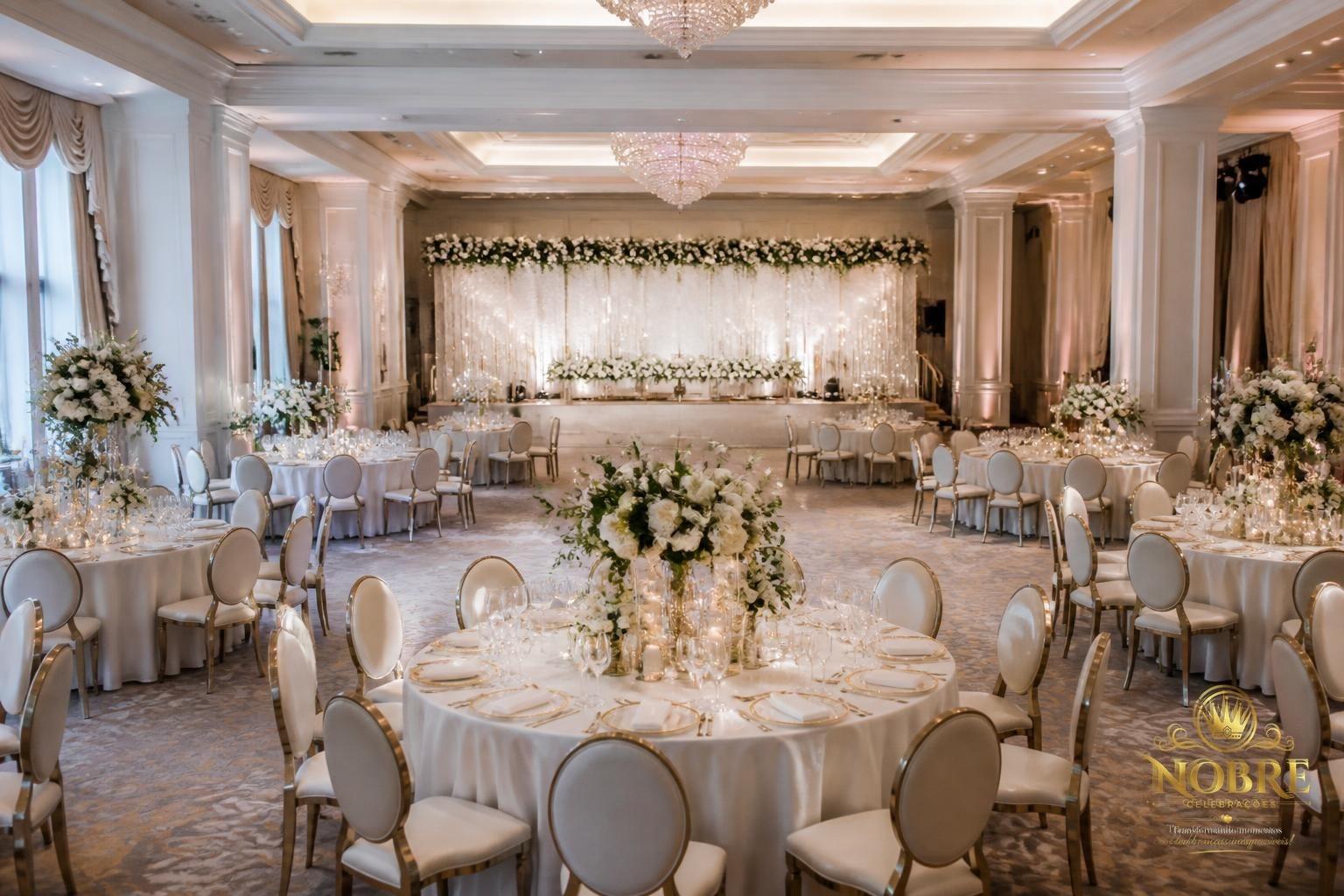 Decoração de alto padrão em salão sofisticado com mesa principal e mesas dos convidados