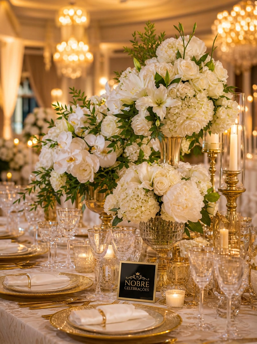 Centro de mesa floral luxuoso em foco, com rosas brancas, peônias, hortênsias, orquídeas e lírios, sobre mesa de recepção elegante. Salão de casamento desfocado ao fundo com lustres de cristal e luz dourada.