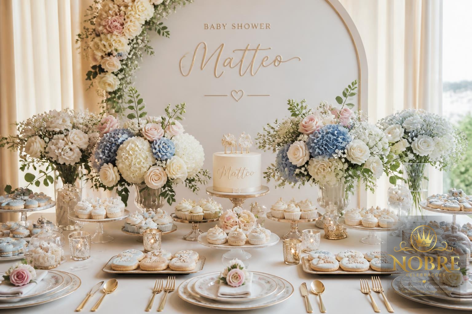 Mesa principal de chá de bebê com bolo delicado, doces personalizados, cupcakes, flores naturais, louças elegantes e painel suave ao fundo