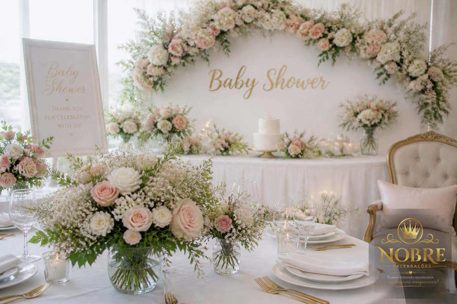 Montagem de chá de bebê com destaque para flores naturais: rosas, lisianthus, hortênsias, gypsophila e folhagens verdes