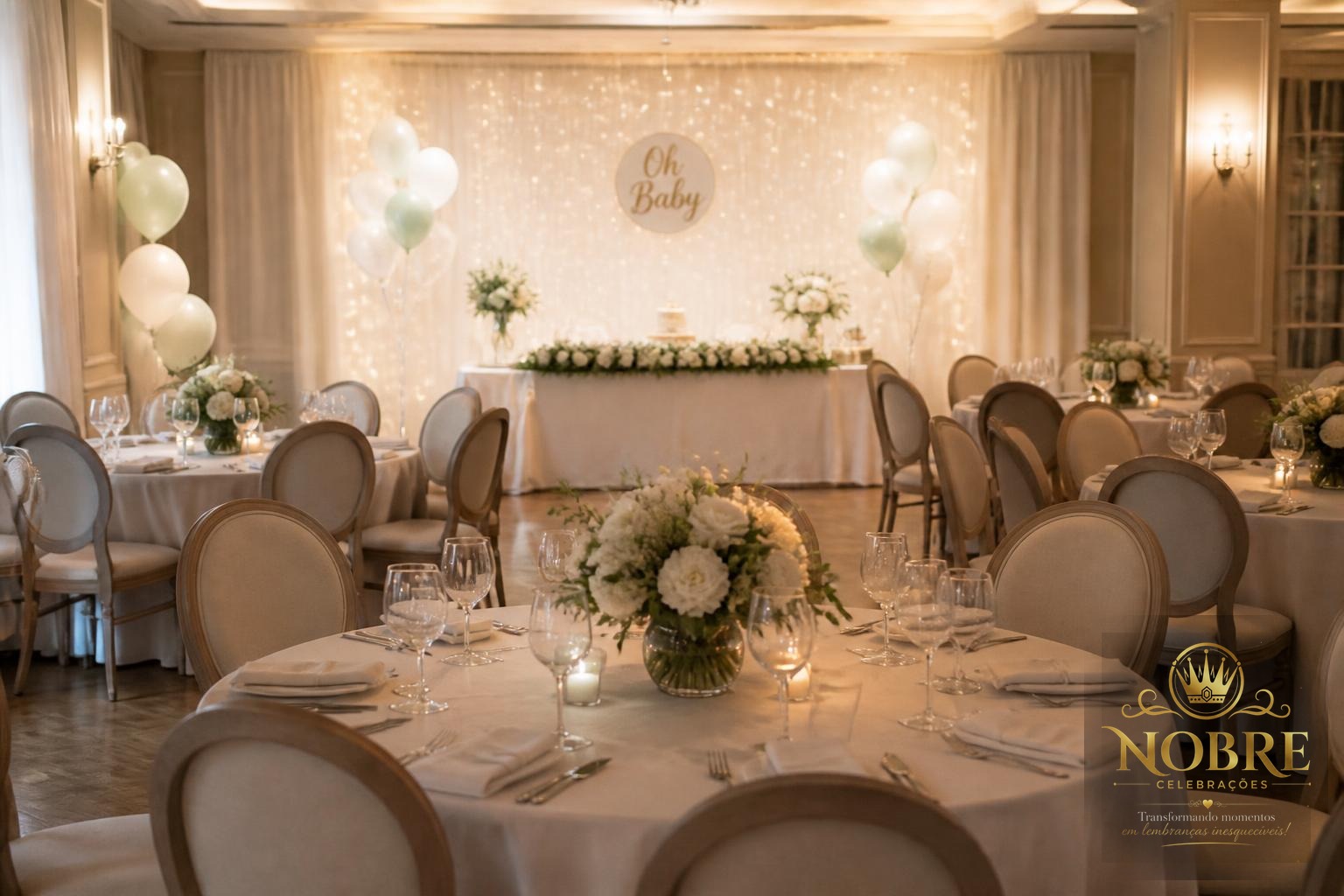 Espaço preparado para receber os convidados do chá de bebê com mesas, cadeiras, arranjos florais e iluminação acolhedora