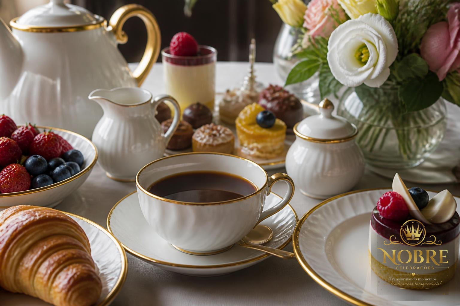 Mesa de café e doces em detalhe com xícaras, bules, mini bolos, croissants, frutas e flores naturais