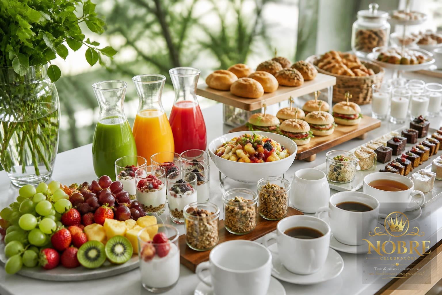 Coffee break com frutas frescas, salada de frutas, iogurtes, granola, sucos naturais, pães e mini sanduíches