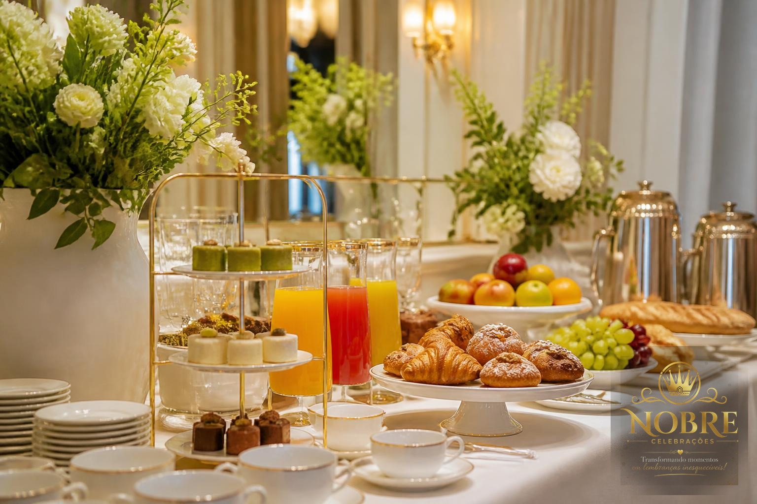Coffee break premium com louças refinadas, taças, doces finos, mini sobremesas, pães especiais e arranjos florais