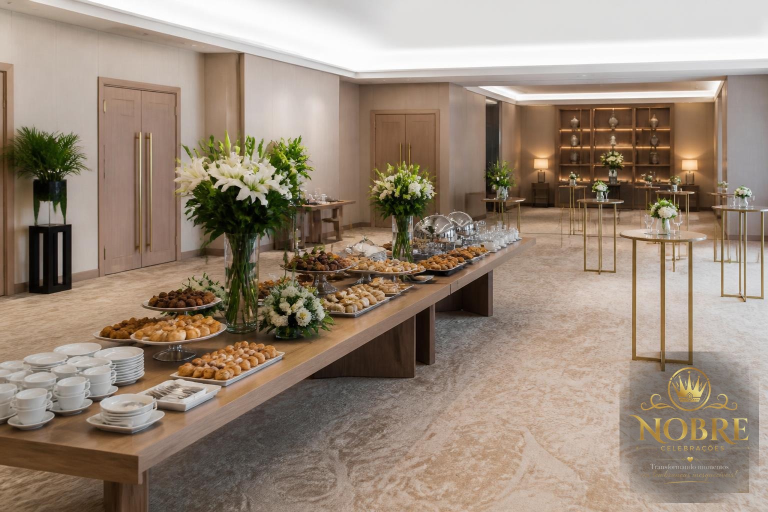 Visão completa do espaço preparado para coffee break com mesa principal, mesas de apoio e decoração elegante