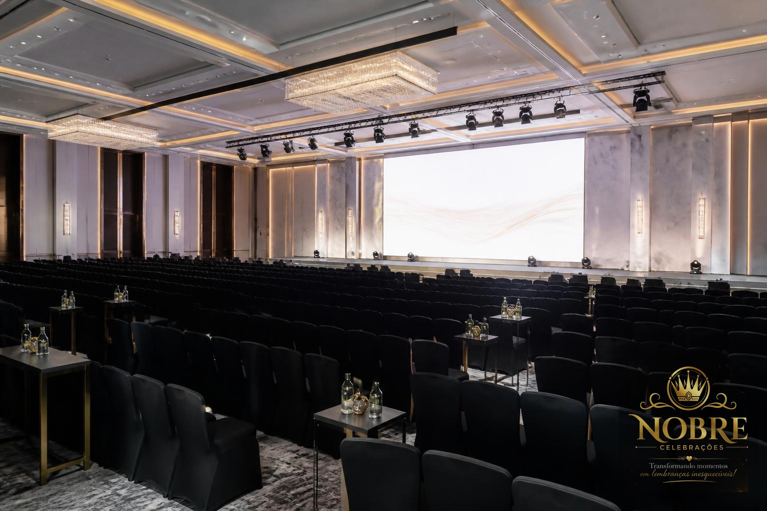 Convenção corporativa em salão moderno com palco profissional, telão, iluminação cênica e cadeiras organizadas