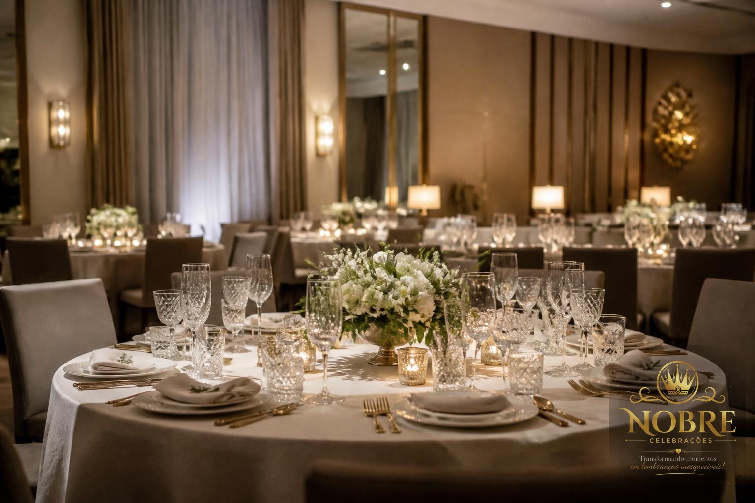 Jantar corporativo sofisticado com mesas montadas, louças refinadas, taças, velas e arranjos florais naturais