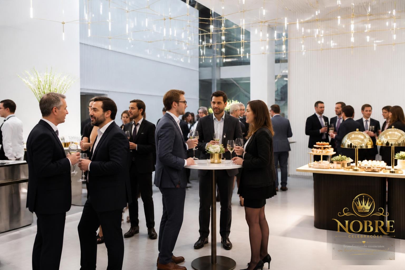 Coquetel empresarial em espaço contemporâneo com mesas altas, buffet elegante, taças e iluminação sofisticada