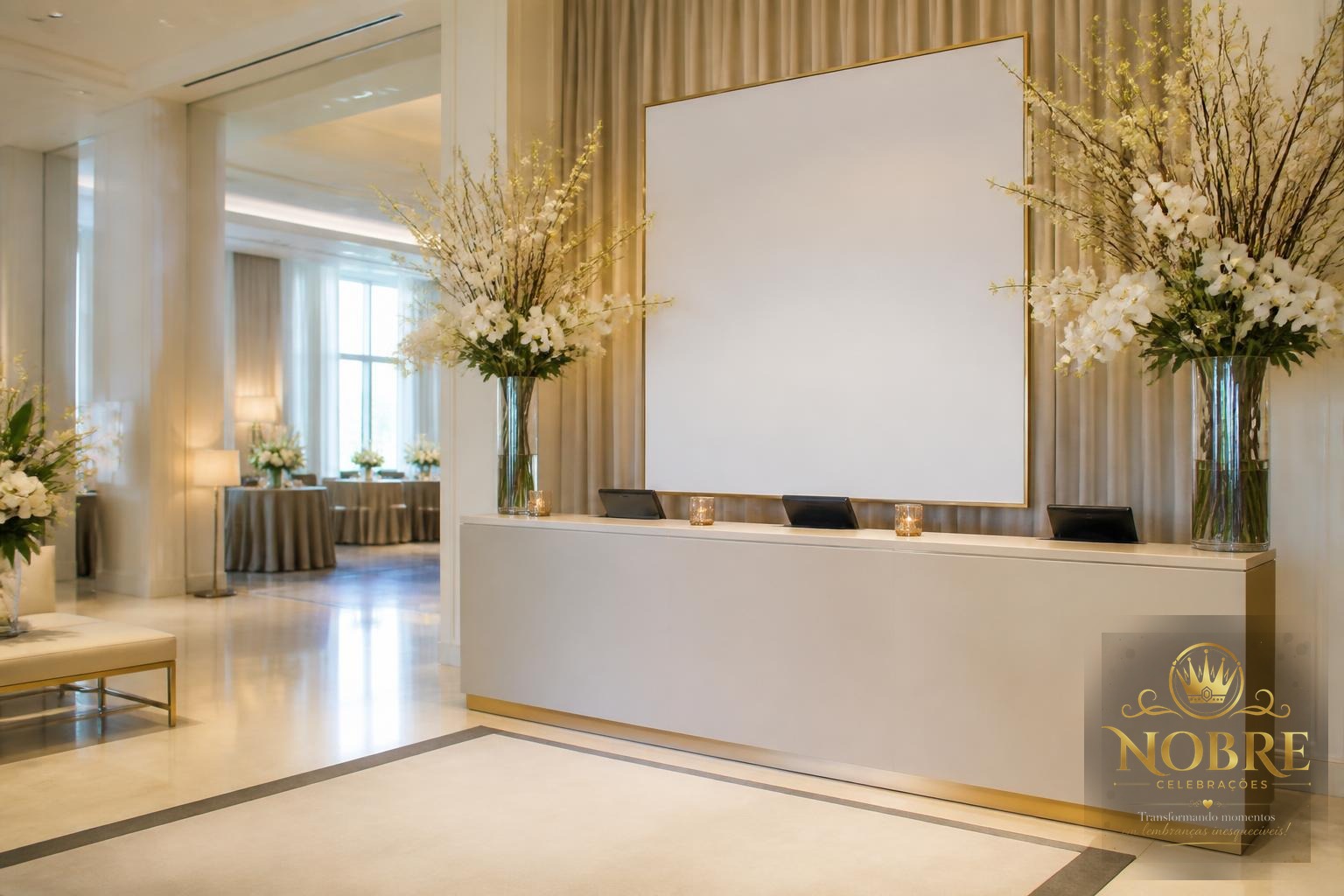 Recepção corporativa com balcão de acolhimento, arranjos florais, iluminação elegante e sinalização neutra