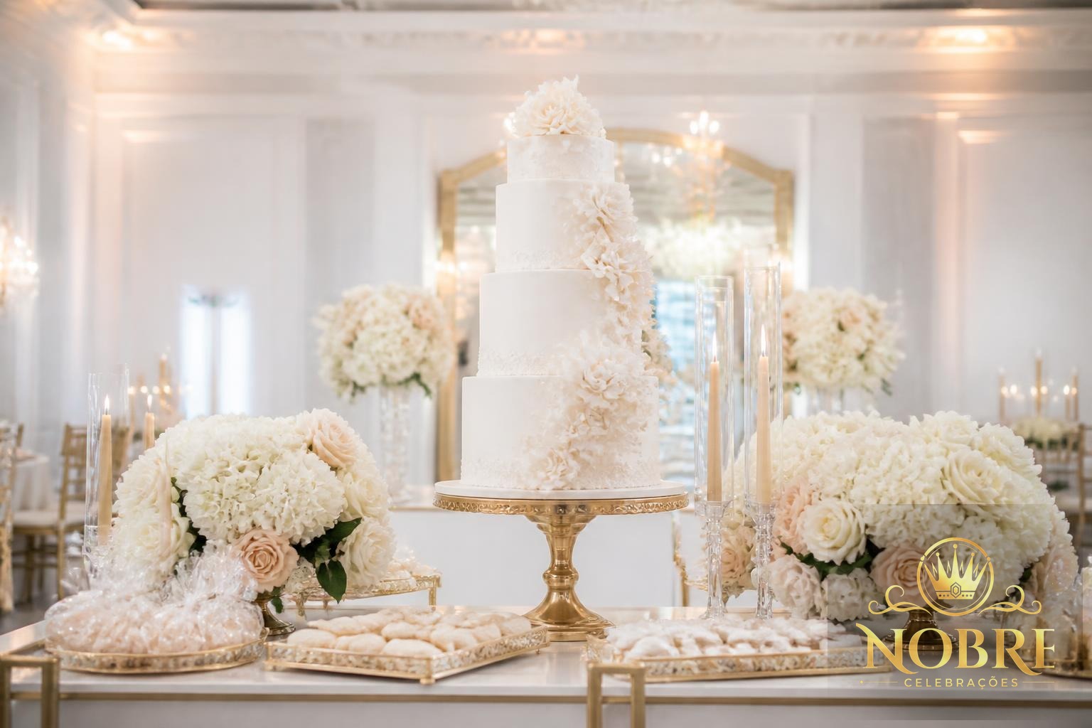 Mesa principal de debutante com bolo de vários andares, doces finos e arranjos florais em tons champagne