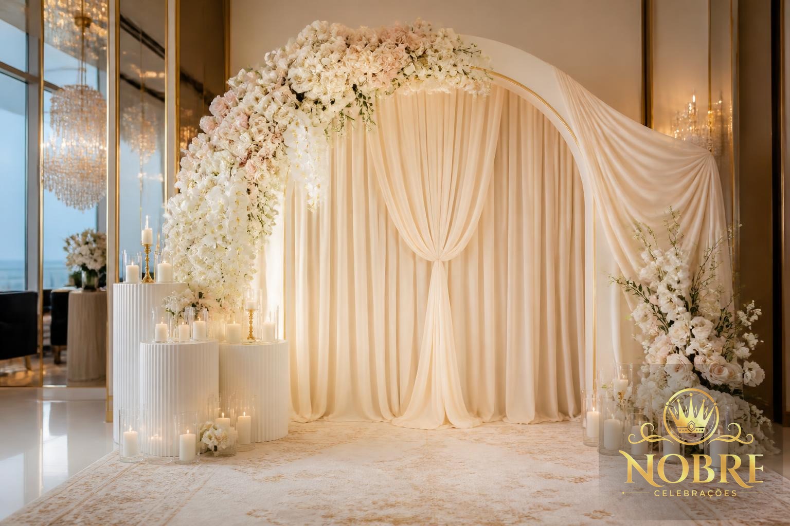 Cenário para fotos da debutante com backdrop de tecido champagne, flores naturais e velas