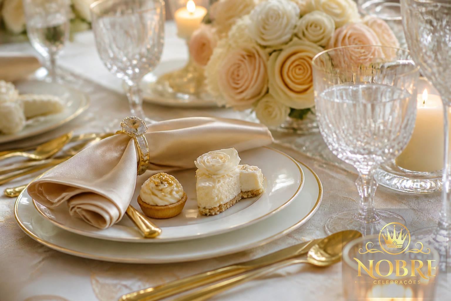 Detalhes da decoração de 15 anos com louças douradas, taças, doces finos e flores