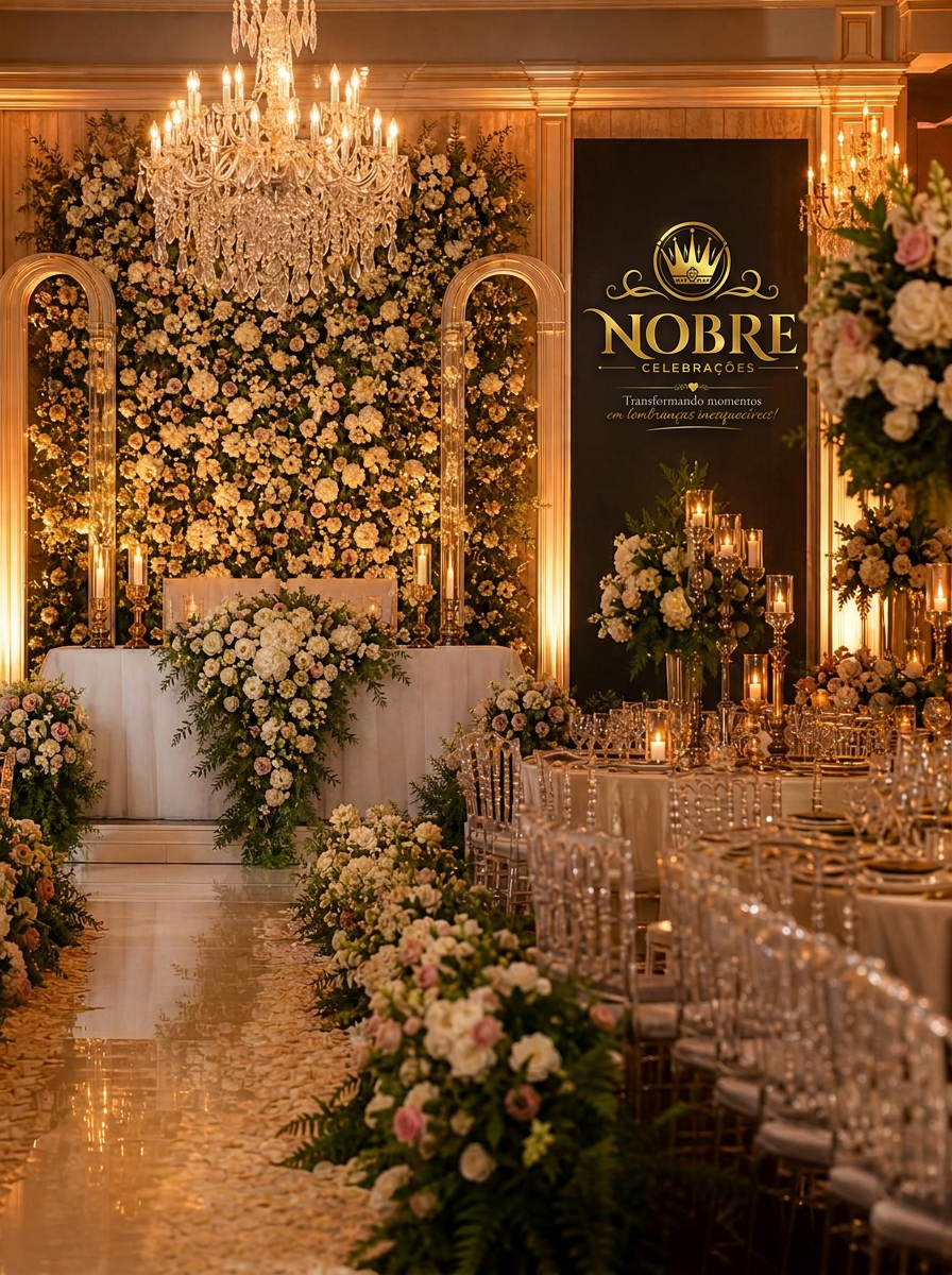 Salão de casamento de luxo decorado pela Nobre Celebrações com painel floral, arcos, lustres de cristal, velas e caminho de flores