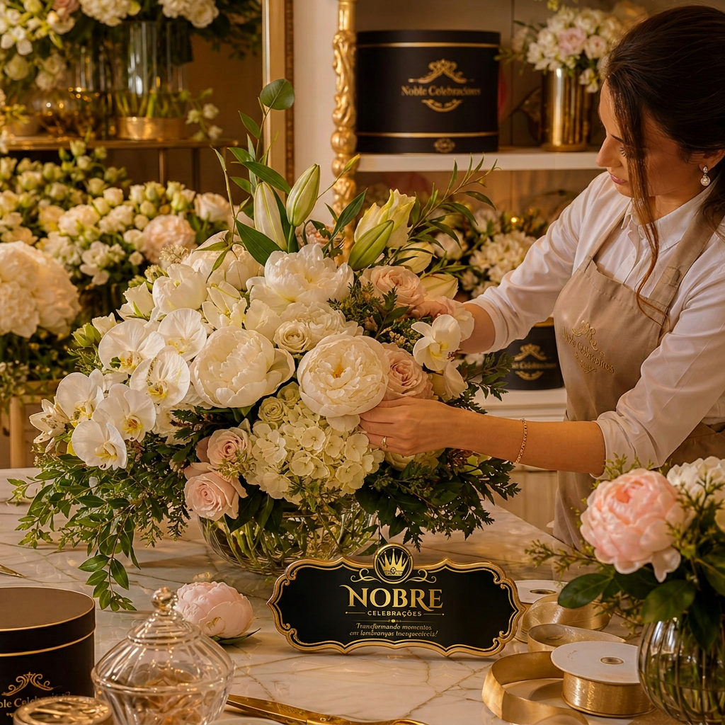 Ateliê floral da Nobre Celebrações com arranjo personalizado de rosas brancas, peônias, hortênsias, orquídeas e lírios