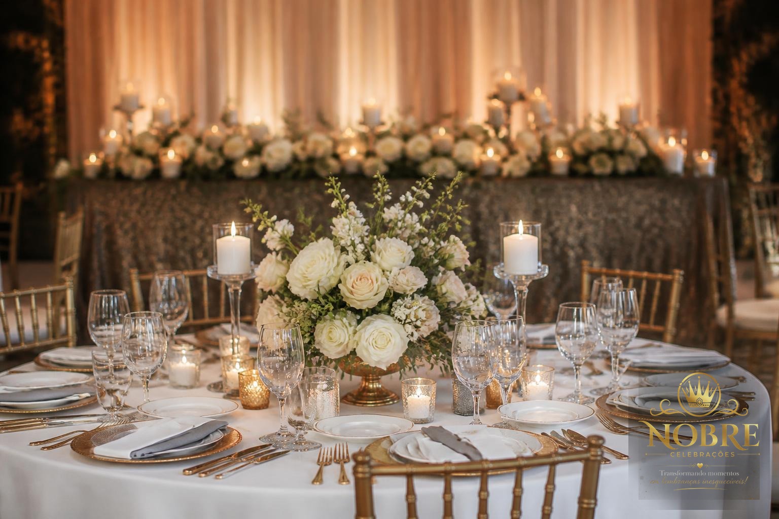 Recepção de formatura com mesas elegantemente montadas, louças, taças de cristal, velas e arranjos florais naturais