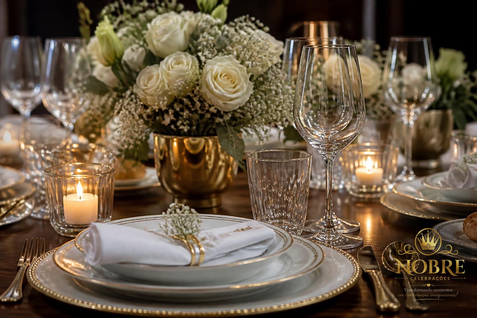 Detalhe do jantar de formatura com louças sofisticadas, taças, talheres, sousplats dourados, guardanapos, velas e rosas brancas