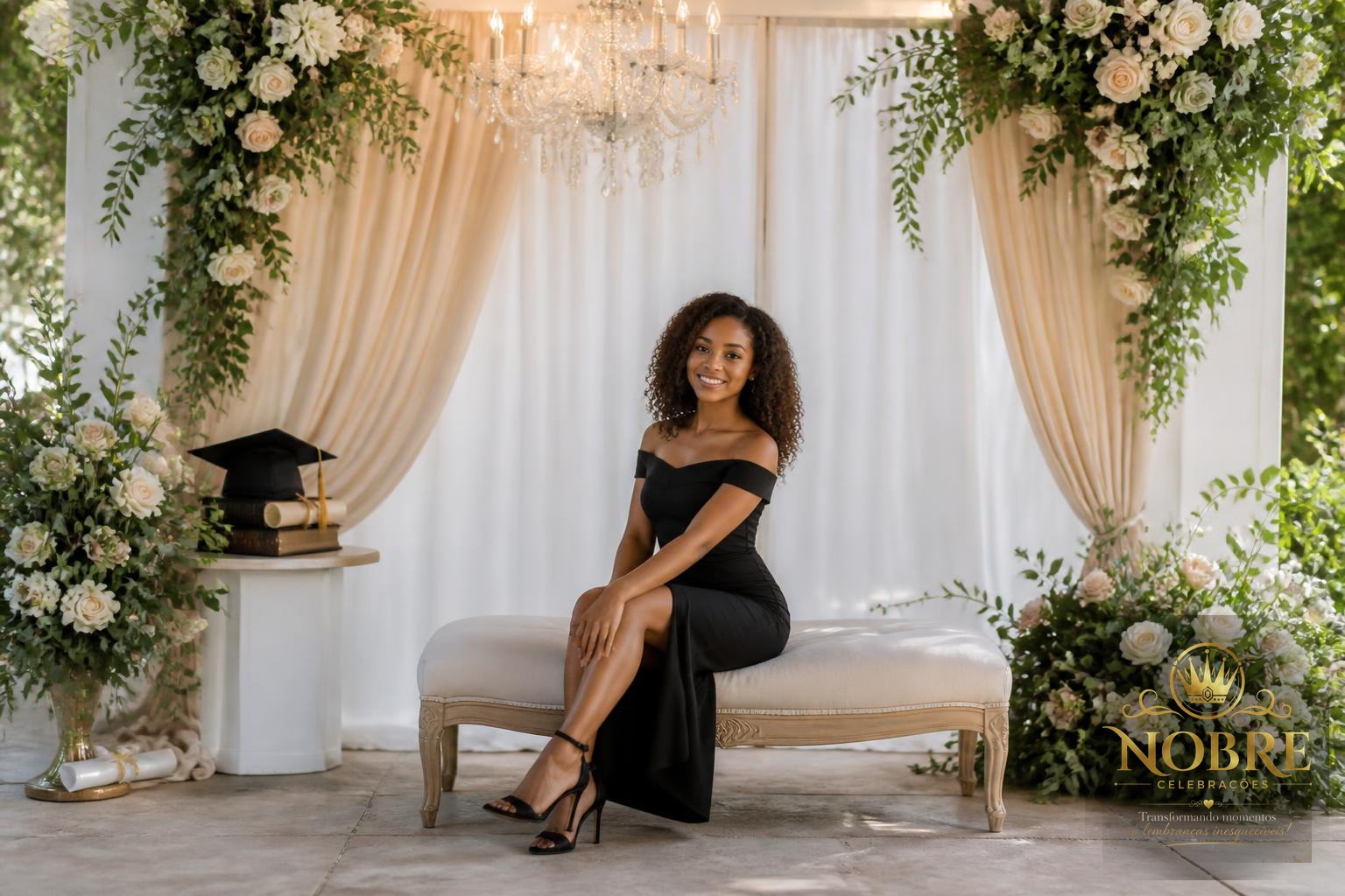 Cenário para fotografias dos formandos com backdrop elegante, flores naturais, folhagens, capelo, diploma e livros