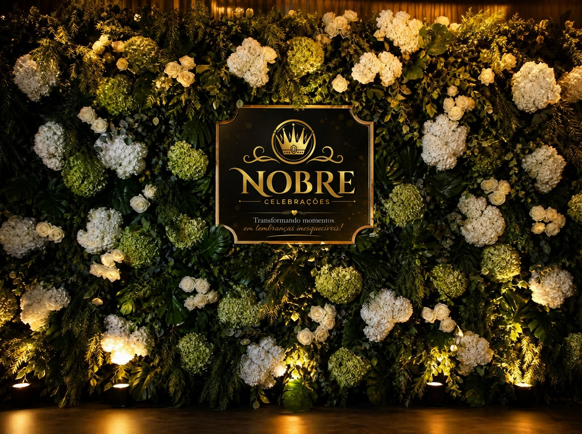 Painel floral luxuoso com rosas brancas, hortênsias e iluminação dourada
