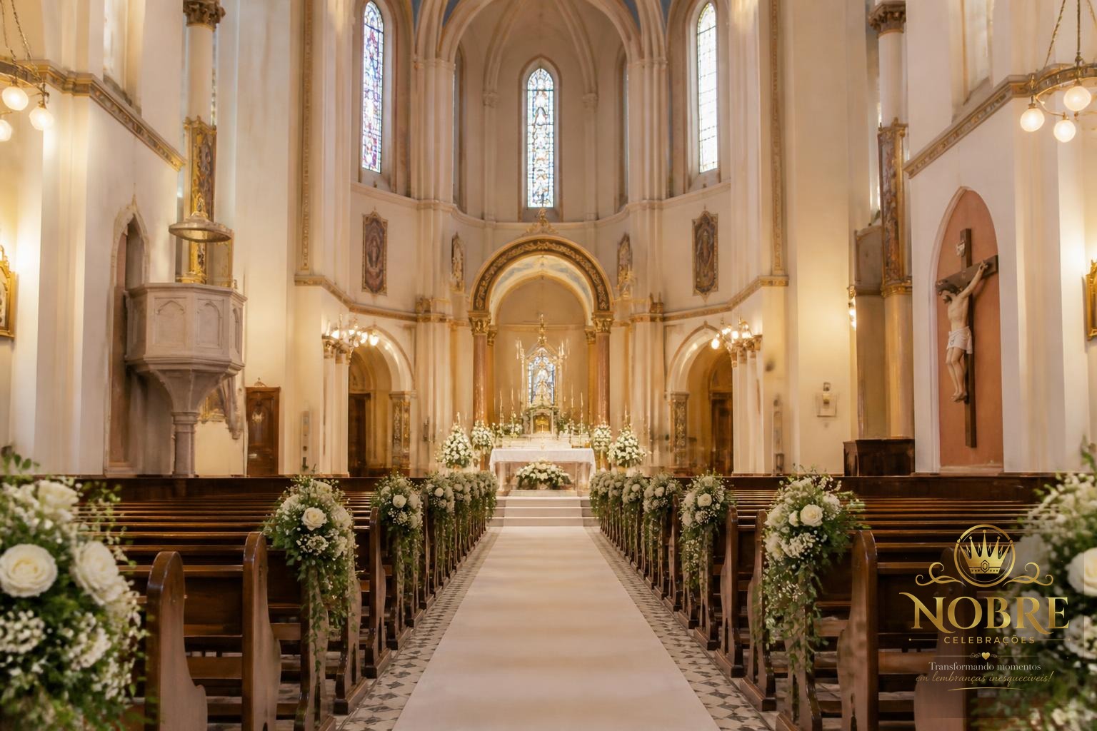Igreja preparada para celebração religiosa com corredor central, arranjos florais nos bancos e altar ao fundo