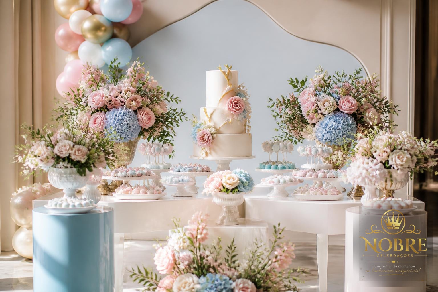 Mesa principal de chá revelação com bolo elegante, doces finos, cupcakes, flores naturais e balões em azul-claro, rosé, branco e champagne
