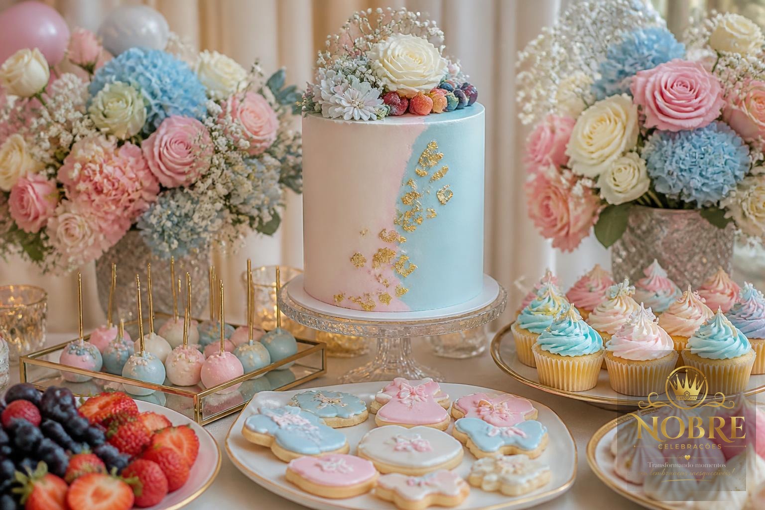 Mesa de doces de chá revelação em detalhe com bolo, cupcakes, biscoitos decorados, frutas frescas, louças e flores naturais