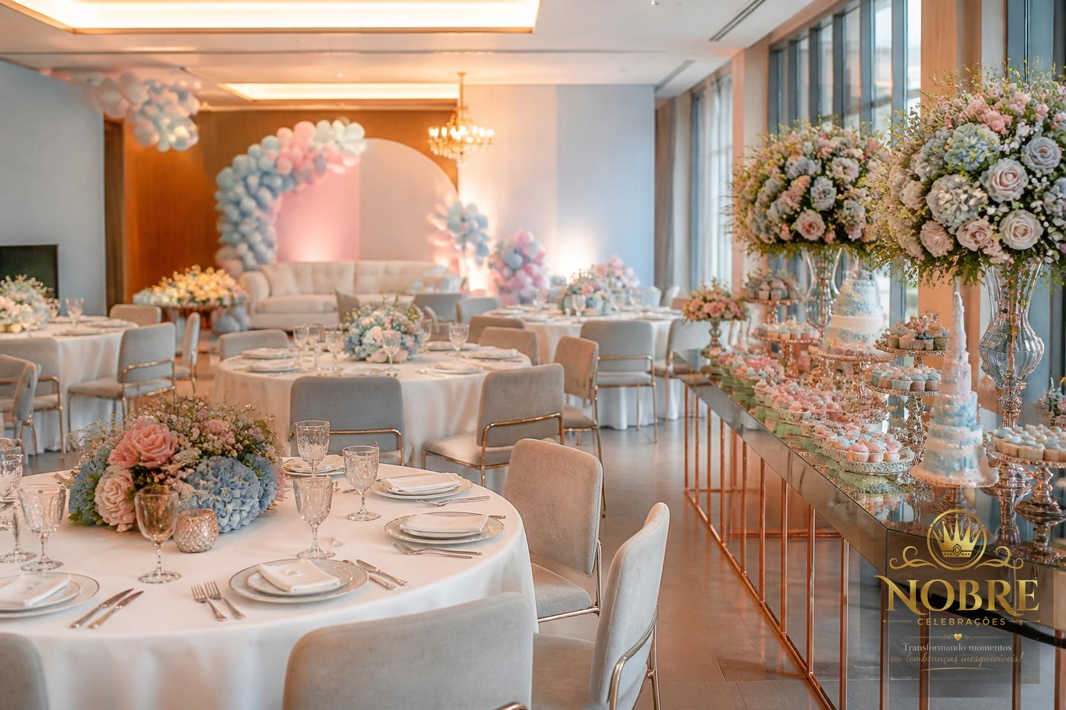 Recepção de chá revelação com mesas, cadeiras, arranjos florais naturais, mesa de doces e iluminação sofisticada